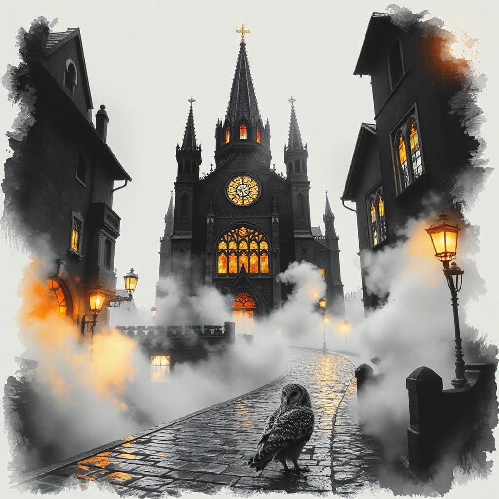 Gothic Cathedral in Medieval Town, Kaleidoscopic Stained Gla...