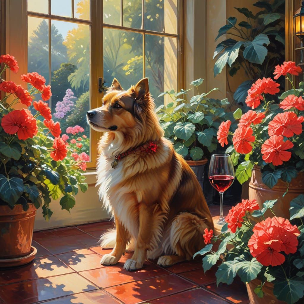 Woman in Conservatory with Dog, Gouache Impressionist Painti...