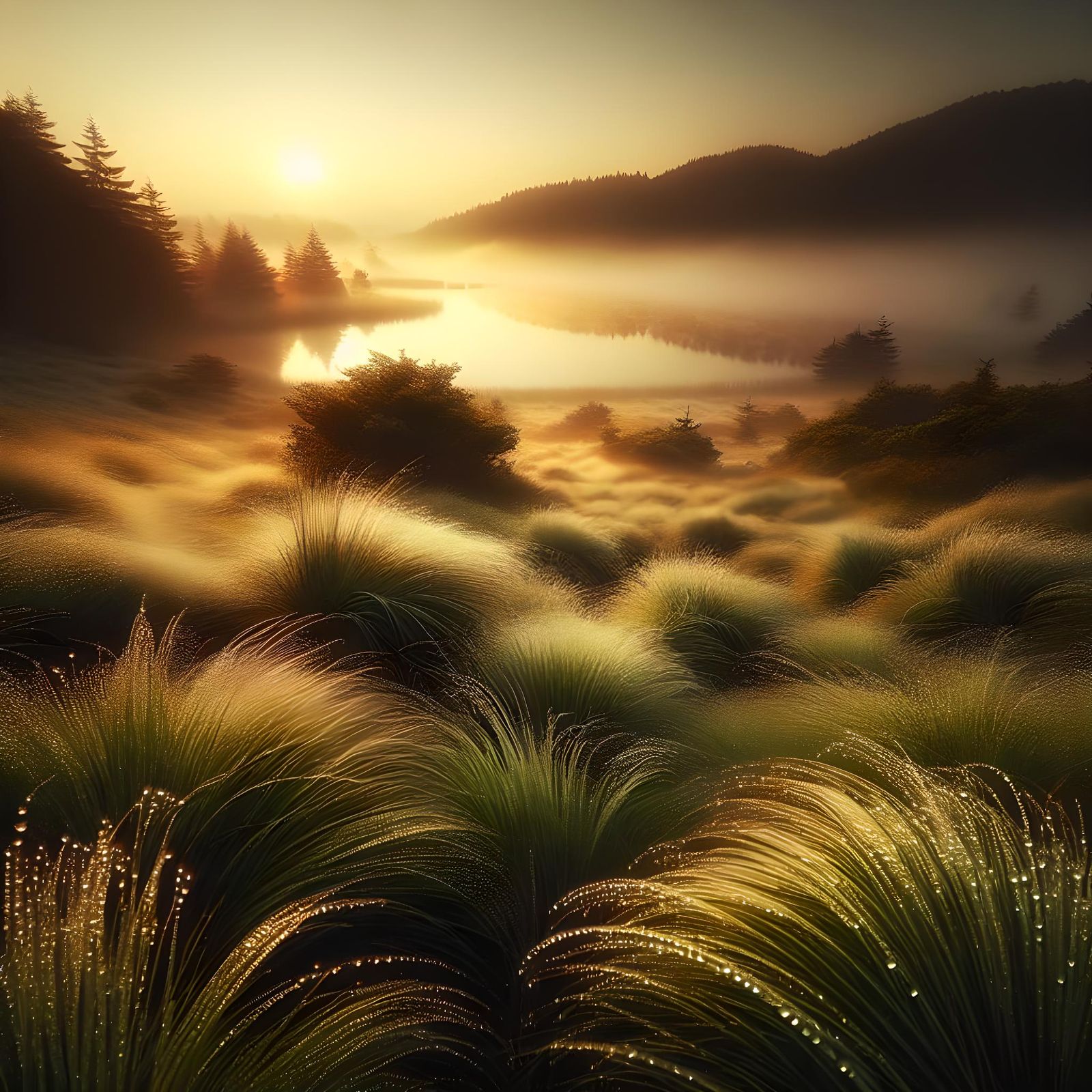 Dawn Meadow: Glistening Dew and Rising Mist