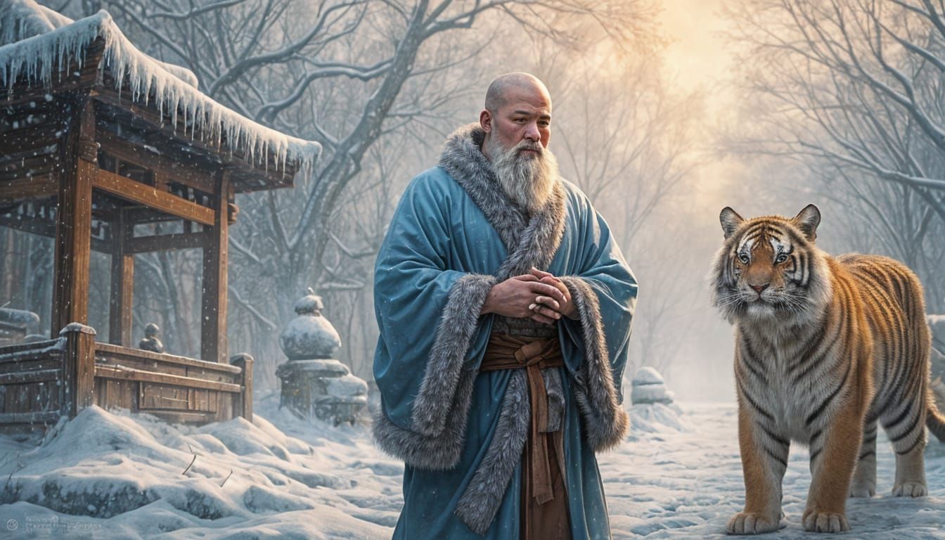 Monk and Tiger Brave Blizzard, Impasto Painting