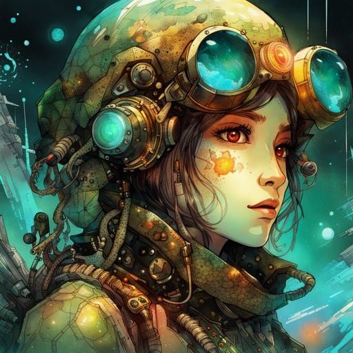 Steampunk Girl with Glowing Eyes in Watercolor Style