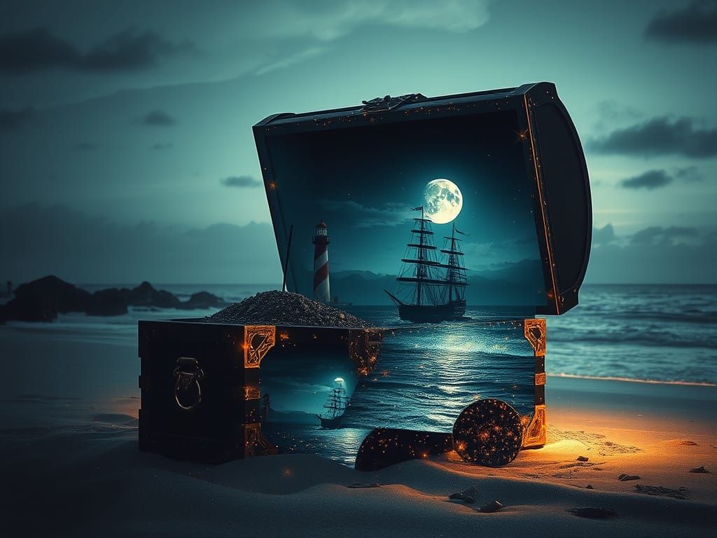 Glowing Treasure Chest Silhouette on Beach at Night
