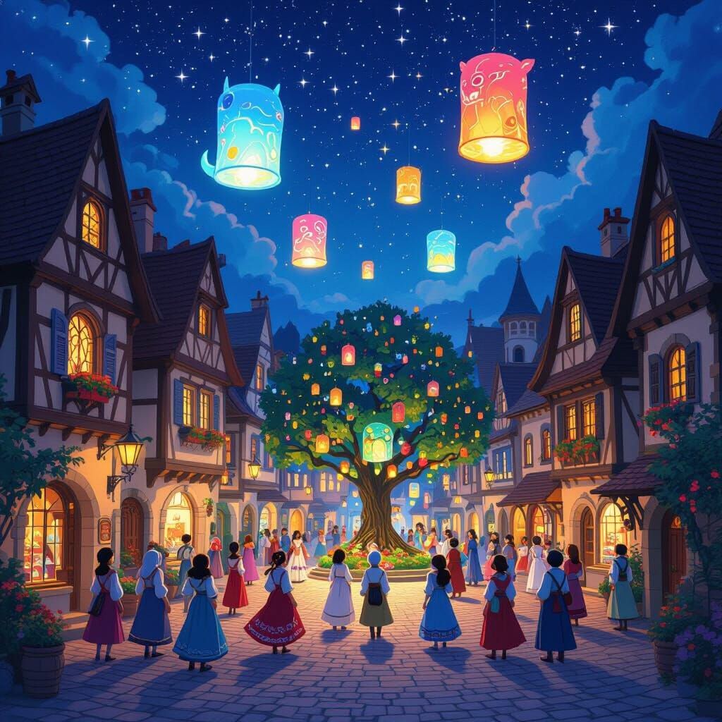 Magical Village Square with Bioluminescent Lanterns