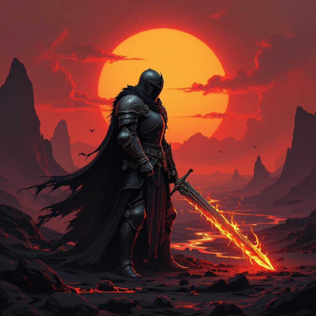 Knight Silhouetted Against Fiery Sunset in Dark Fantasy Styl...