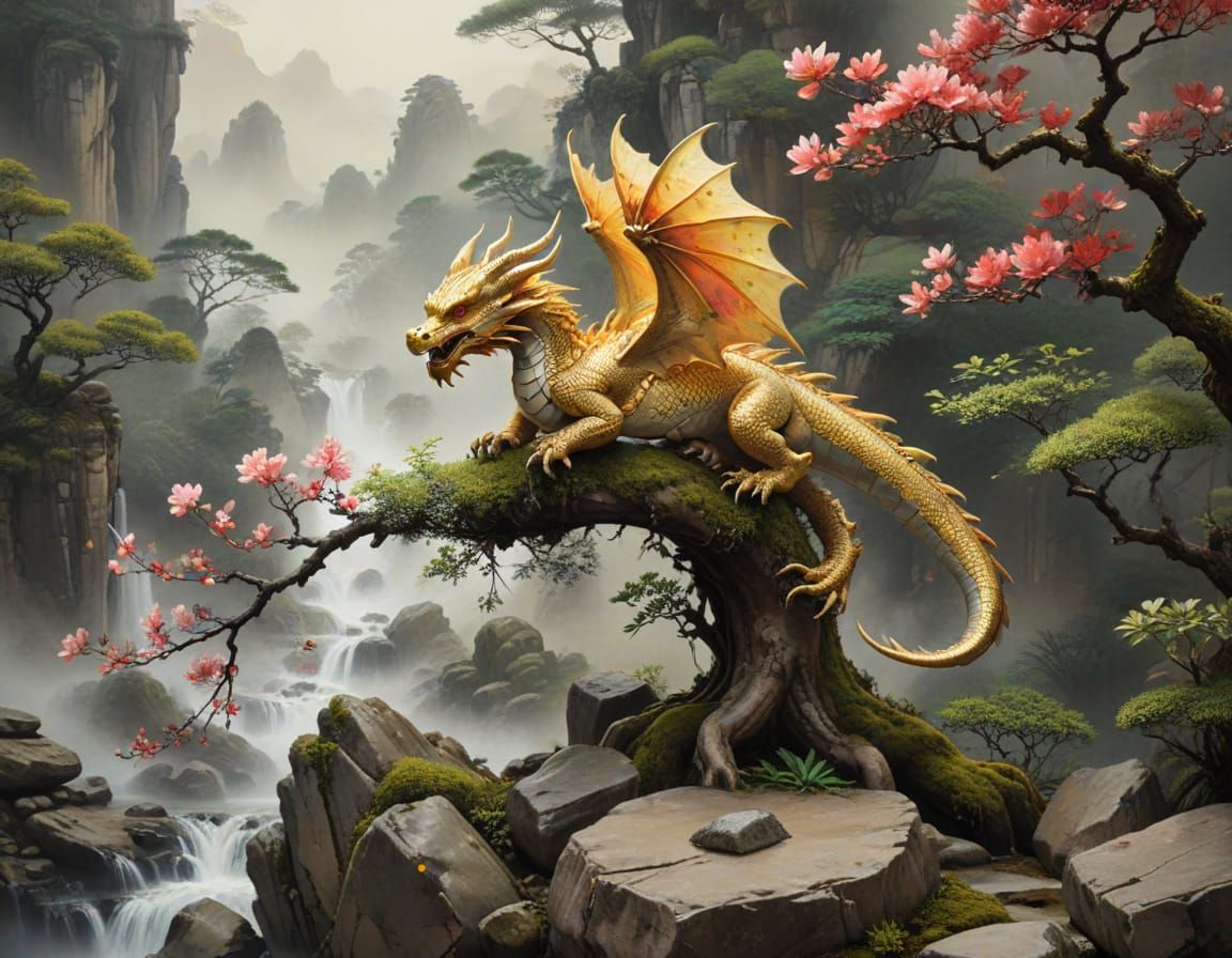 Golden Dragon on Bonsai Tree, Chinese Ink Painting