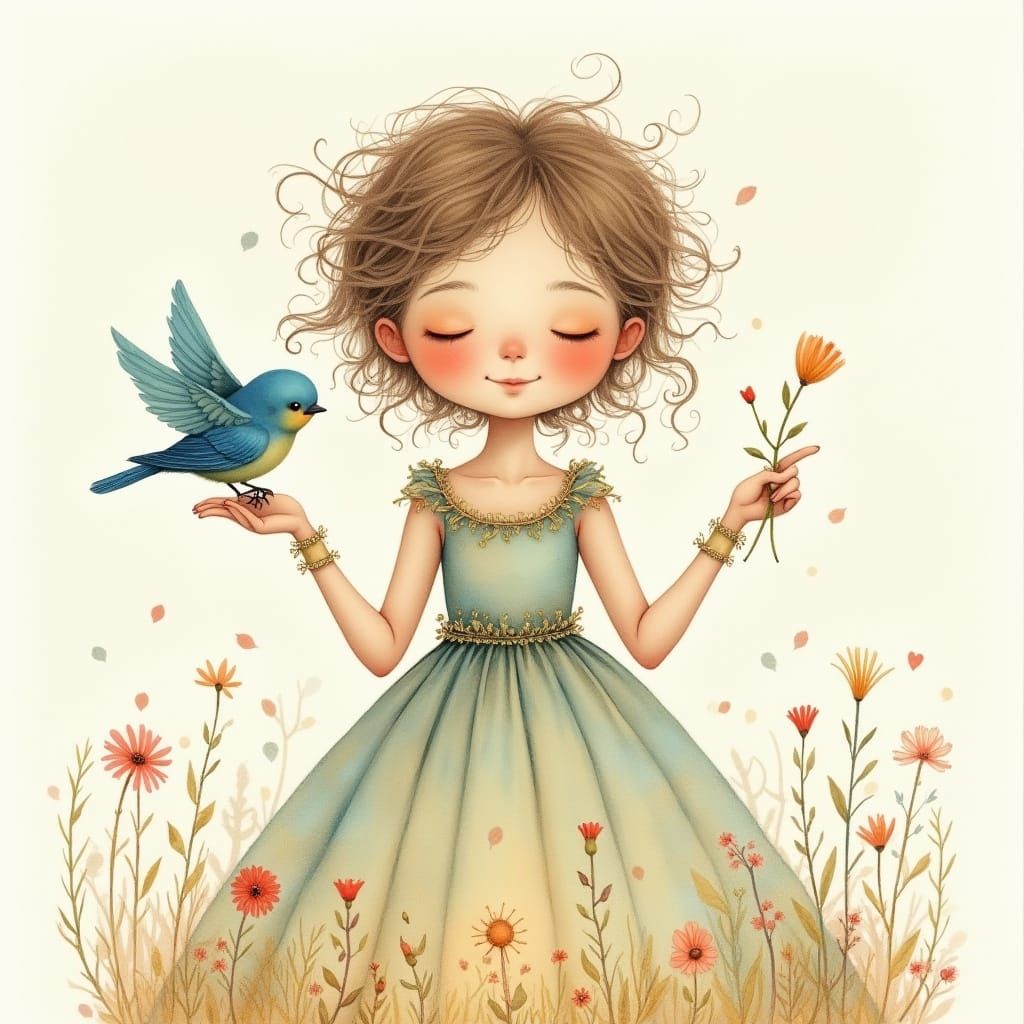 Whimsical Girl with Blue Bird in Dreamy Watercolor Style