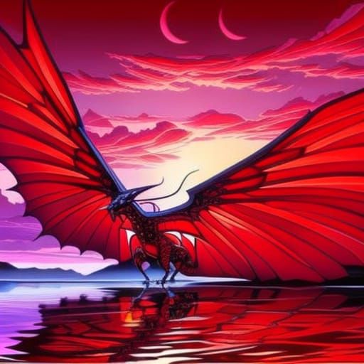 Majestic Red Crystal Dragon in Stained Glass Style