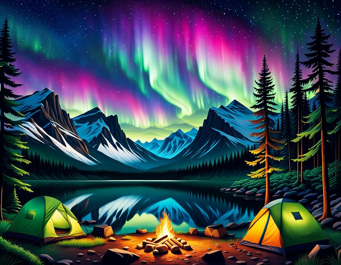 Cozy Campsite Under Aurora Borealis: Hyperdetailed Illustrat...