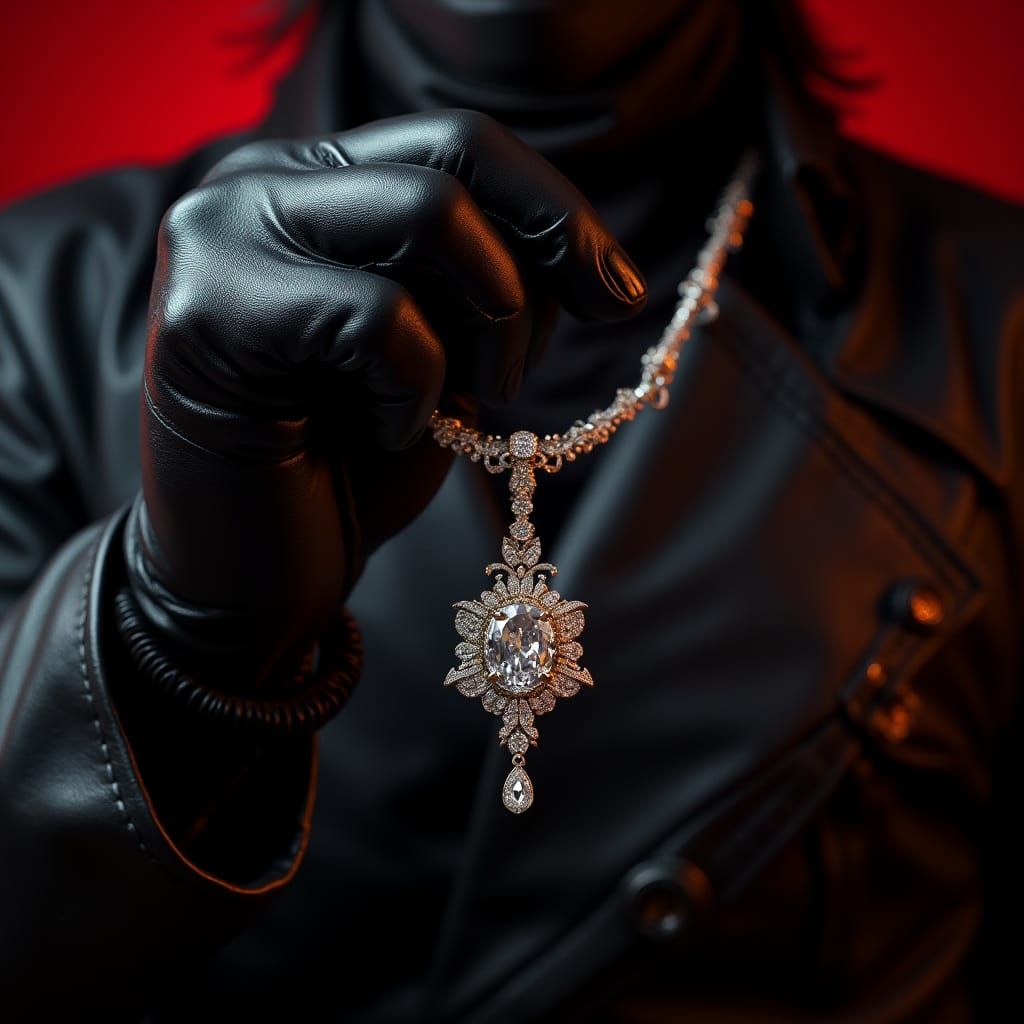 Leather-clad Hand Grasping Diamond Necklace: Hyperrealistic ...