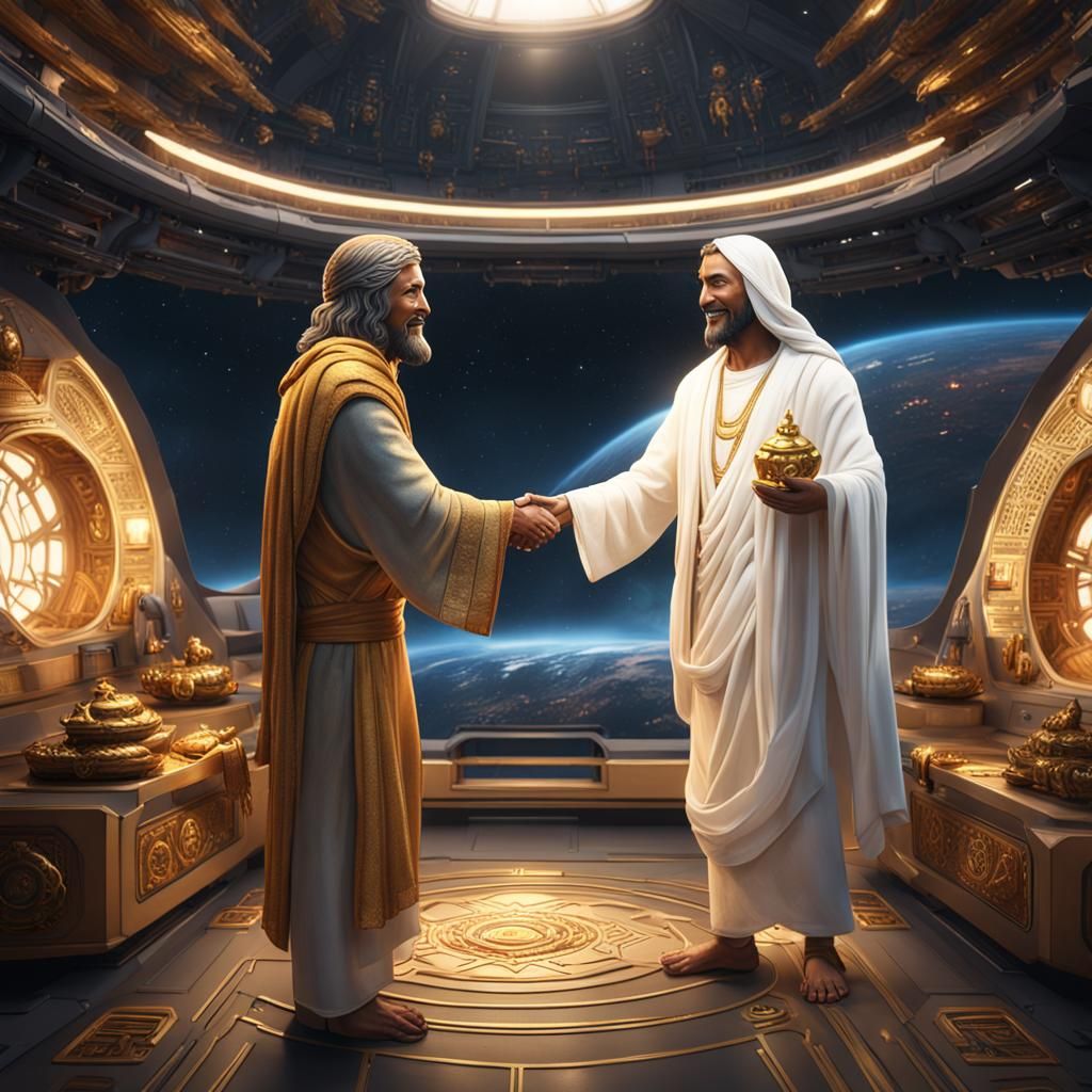 Jesus and Buddha Handshake in Spaceship: Fantasy Art