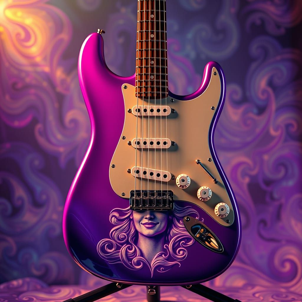 Psychedelic Art Nouveau Electric Guitar with Woman's Face Re...