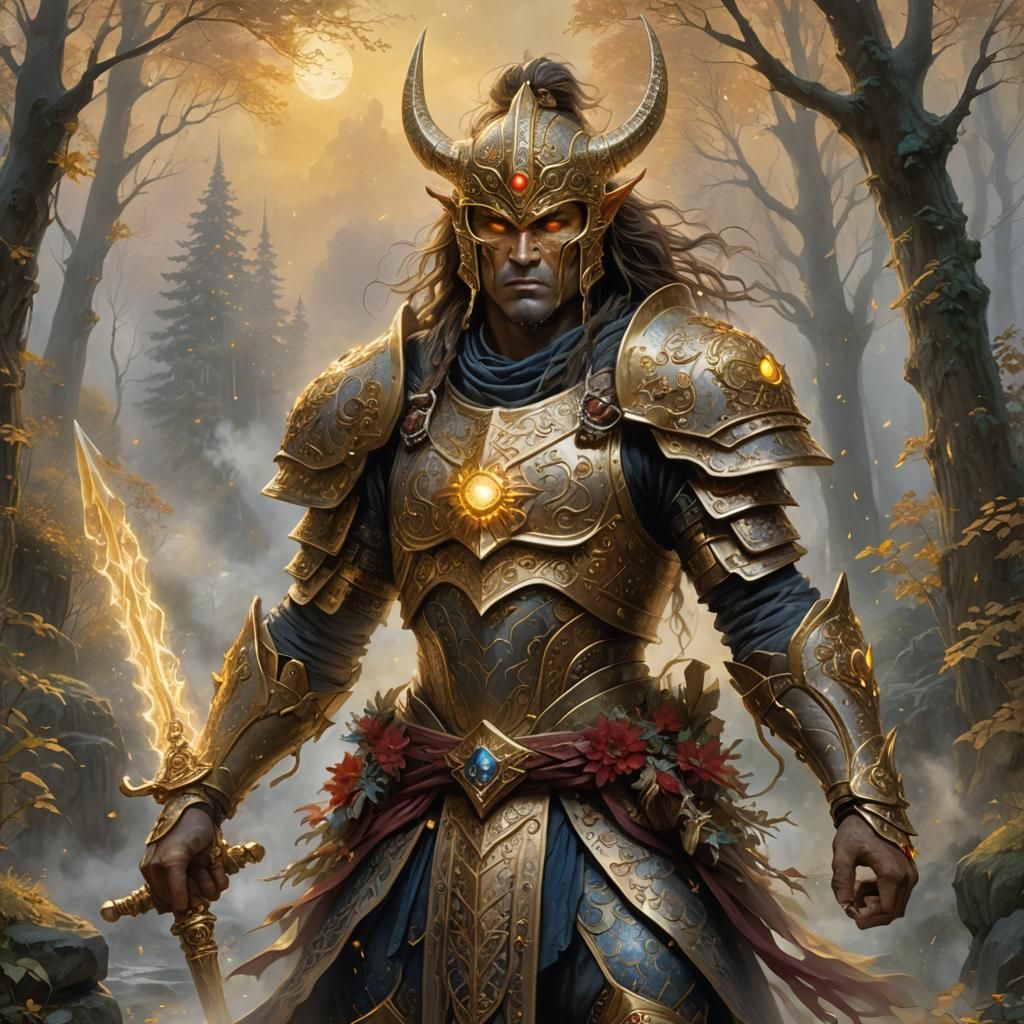 Golden Fomorian Warrior in Ethereal Fantasy Style