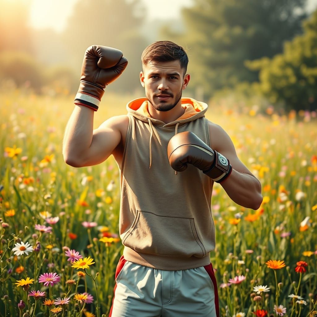 Victorious Boxer in a Vibrant Floral Meadow
