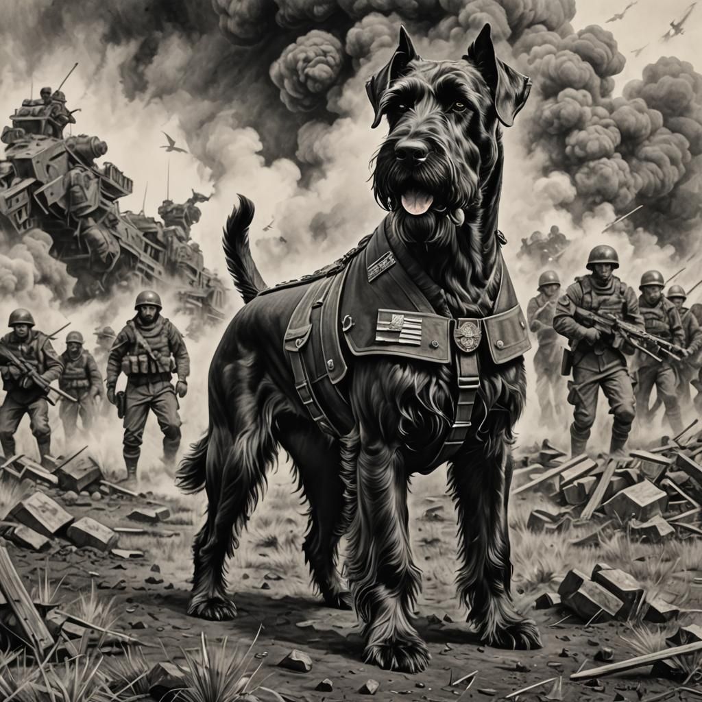 Giant Schnauzer in Military Outfit: Charcoal Drawing