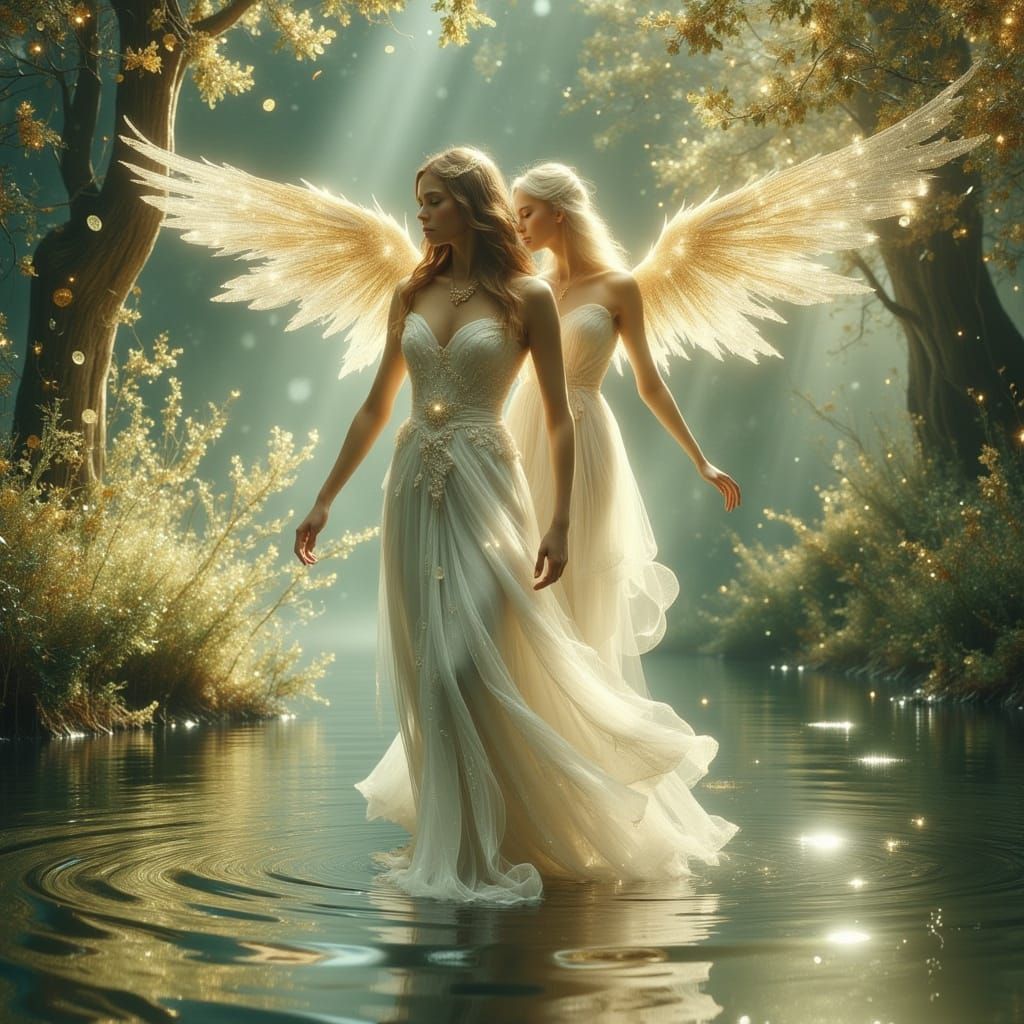 Ethereal Angels in Magical Lake Landscape