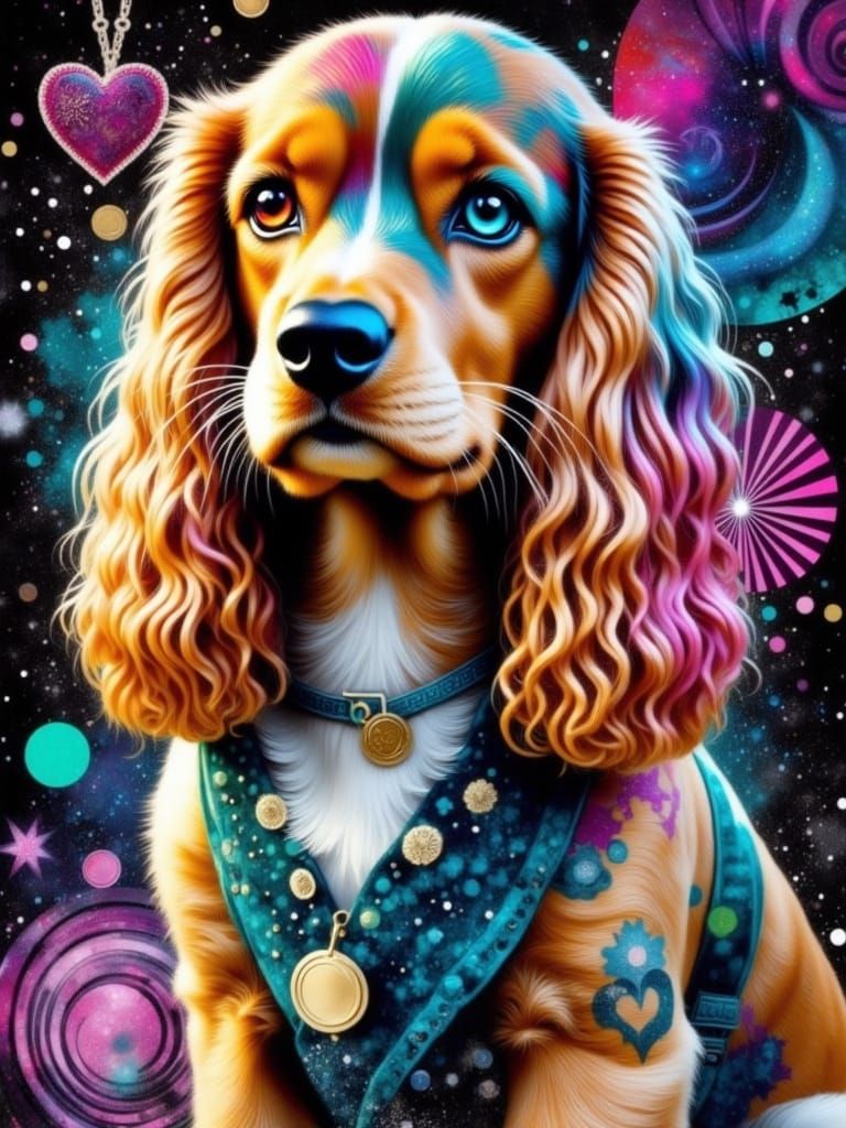 Vibrant, whimsical Cocker Spaniel with a curly coat and floppy ears