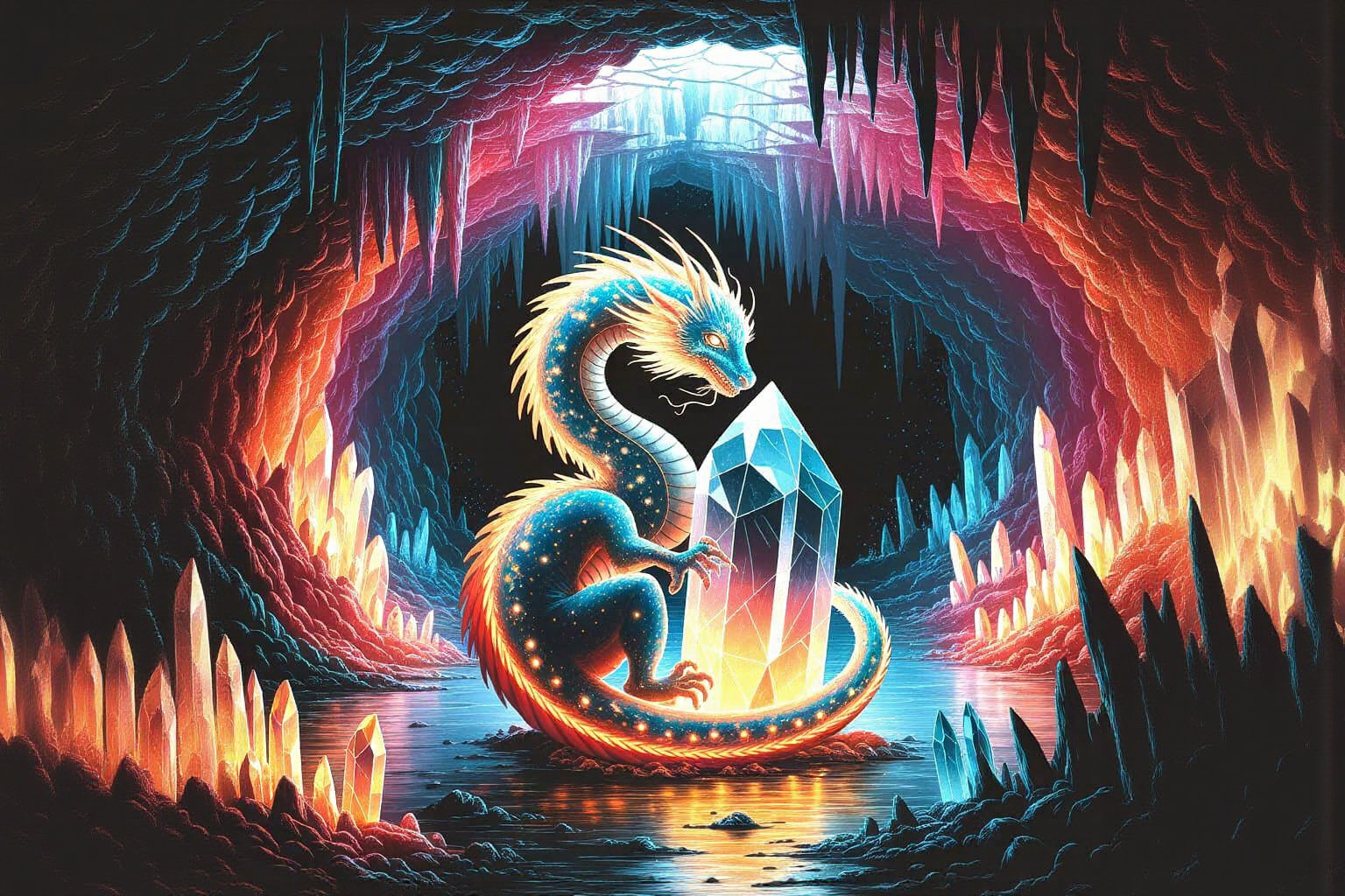 Bioluminescent Dragon in Crystal Cave: Art Nouveau