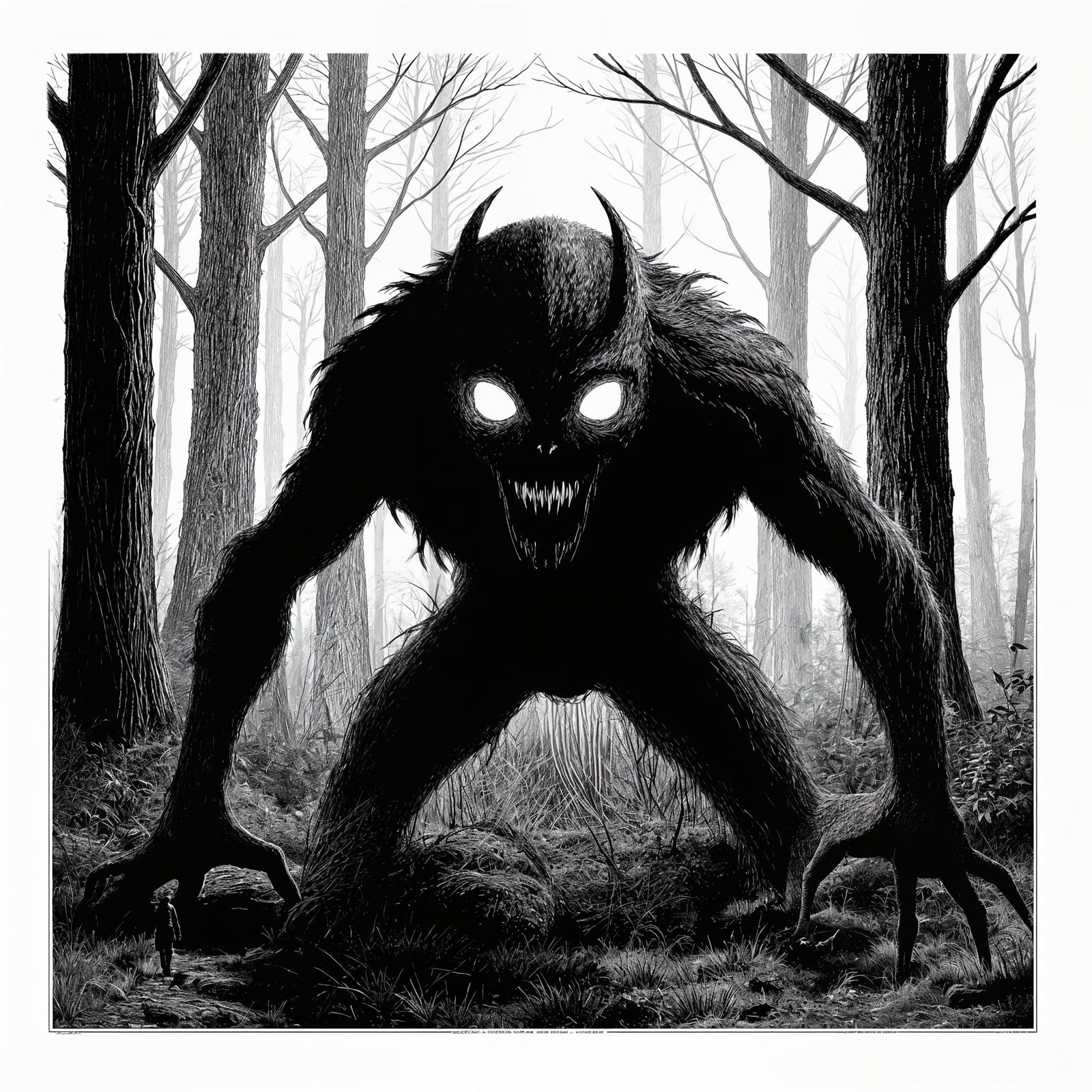 Eerie Cryptid in Forest: Halftone Dot Engraving