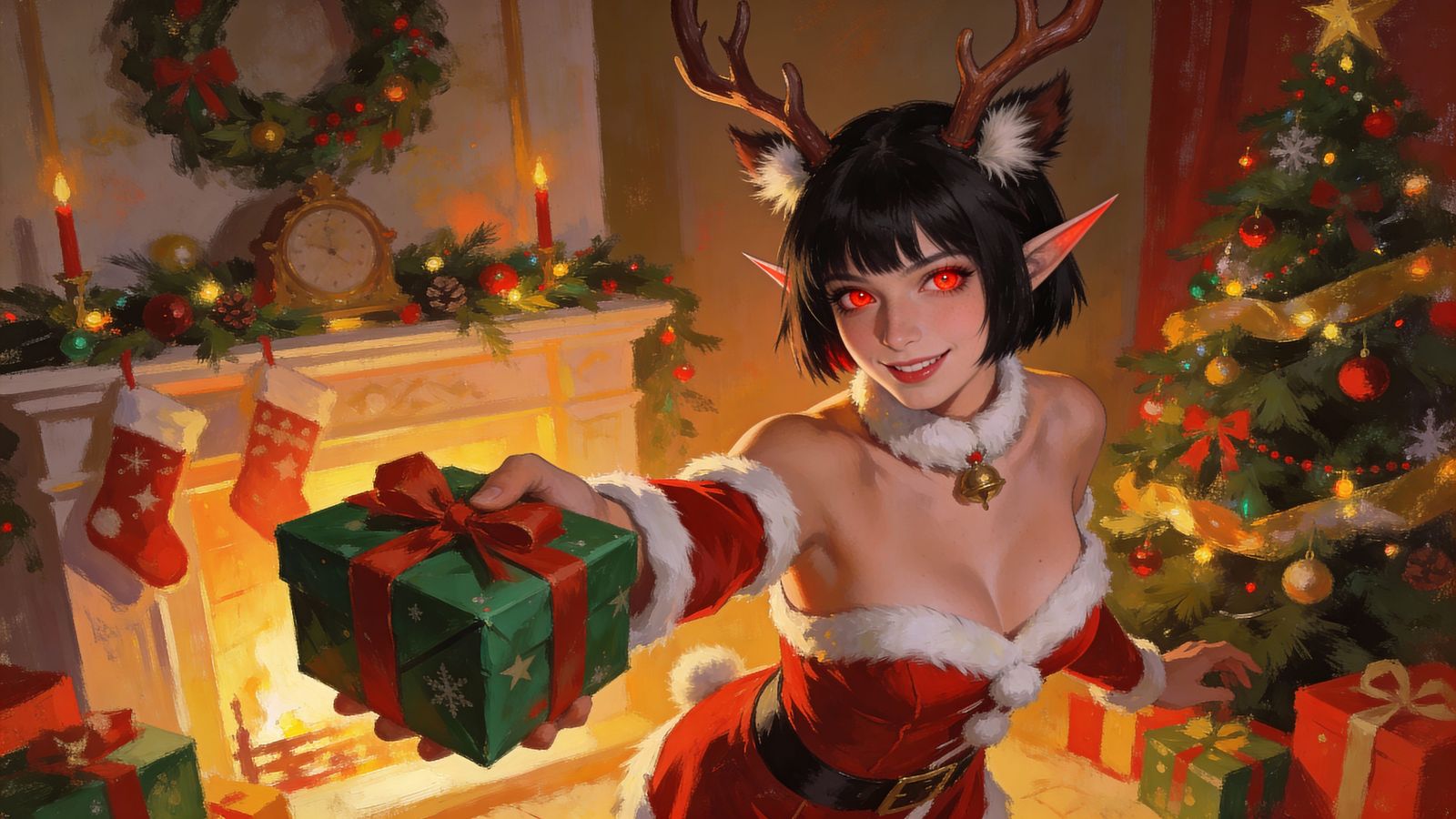 Fantasy Art Painting of a Woman in a Santa Outfit