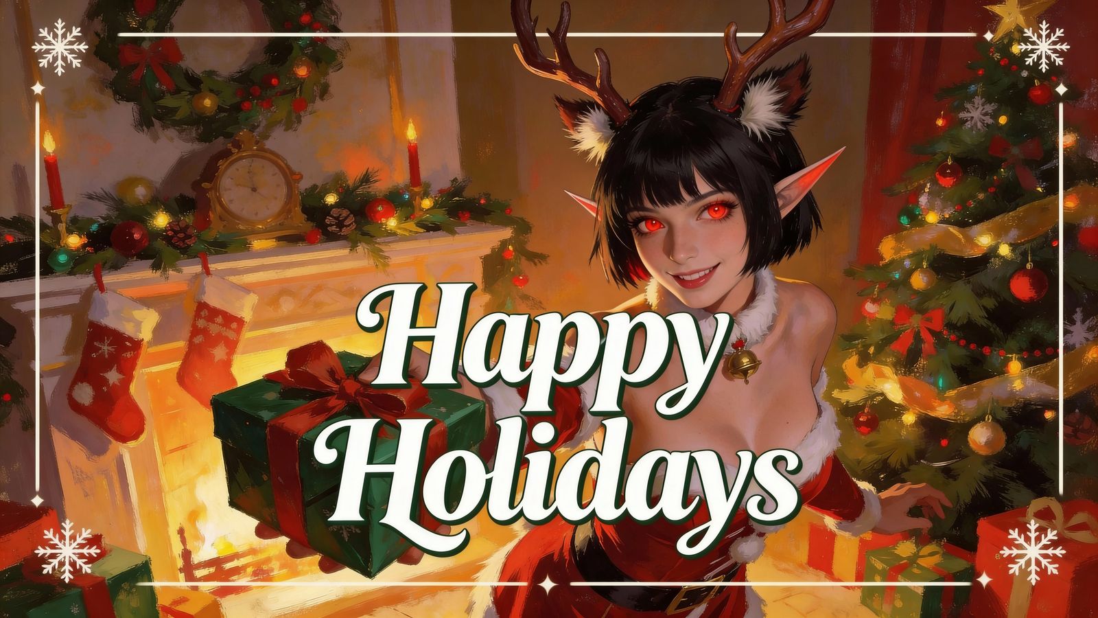 Fantasy Elf Woman in Sexy Santa Outfit with Antlers