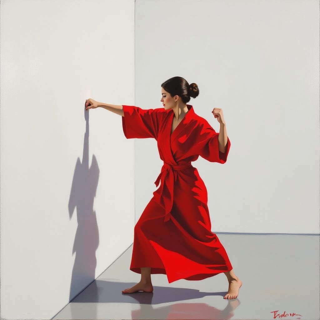 Impressionist Woman Punches Wall in Red Robe