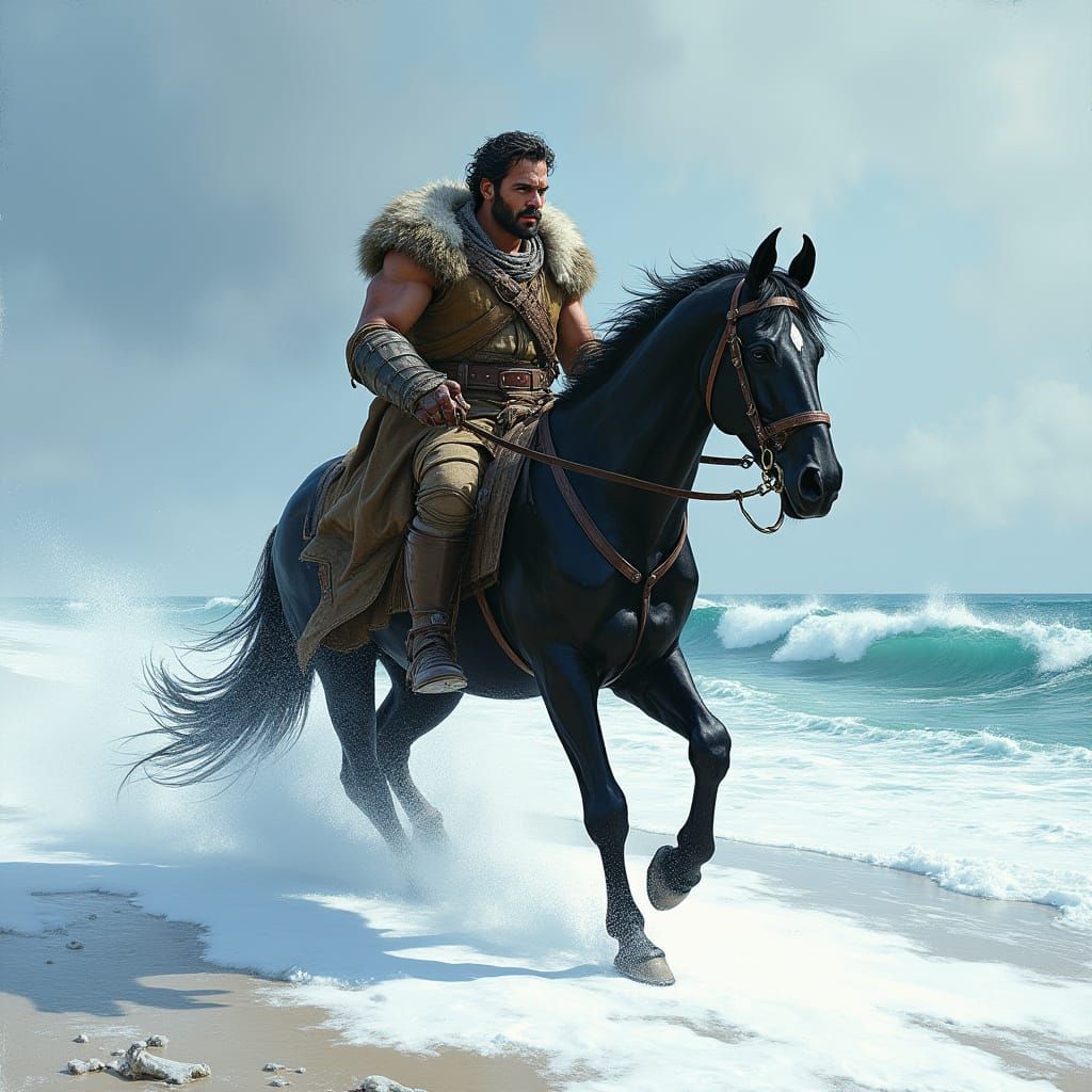 Warrior in Earth-Toned Leather Armor Leads Stallion Across S...