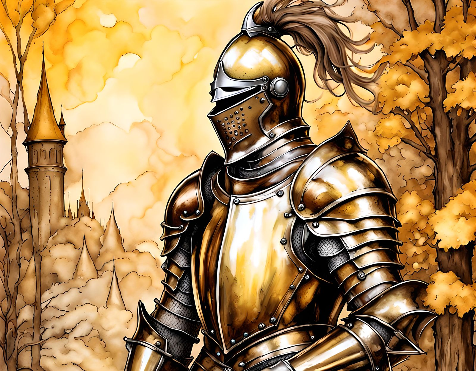 Knight wearing shiny bronze armor, detailed fantasy backgrou...