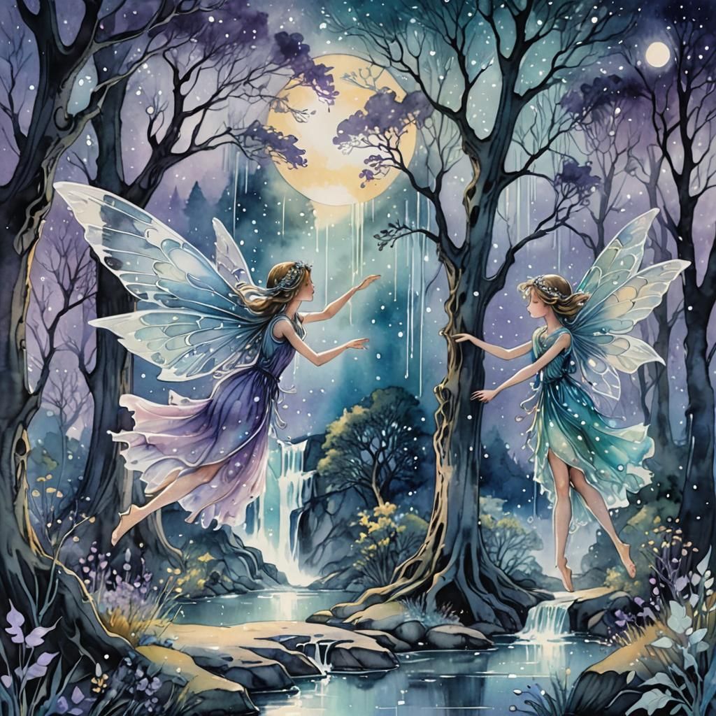 Fairies Dancing in Moonlit Forest, Watercolor Painting