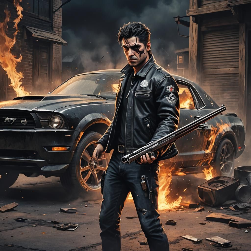 Outlaw Points Shotgun Next to Mustang in Dark Fantasy Style