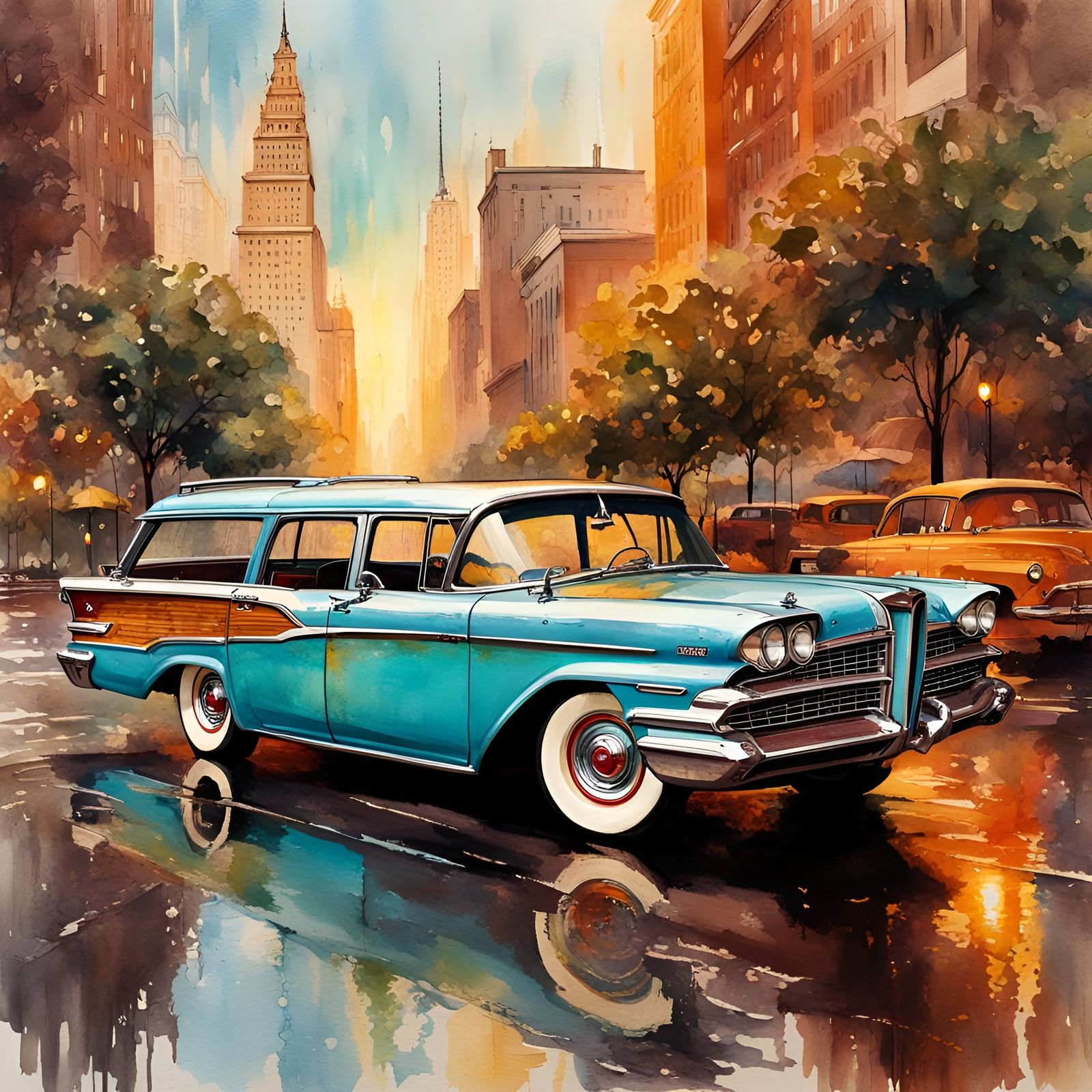 1958 Edsel Station Wagon in Rainy City: Watercolor Style