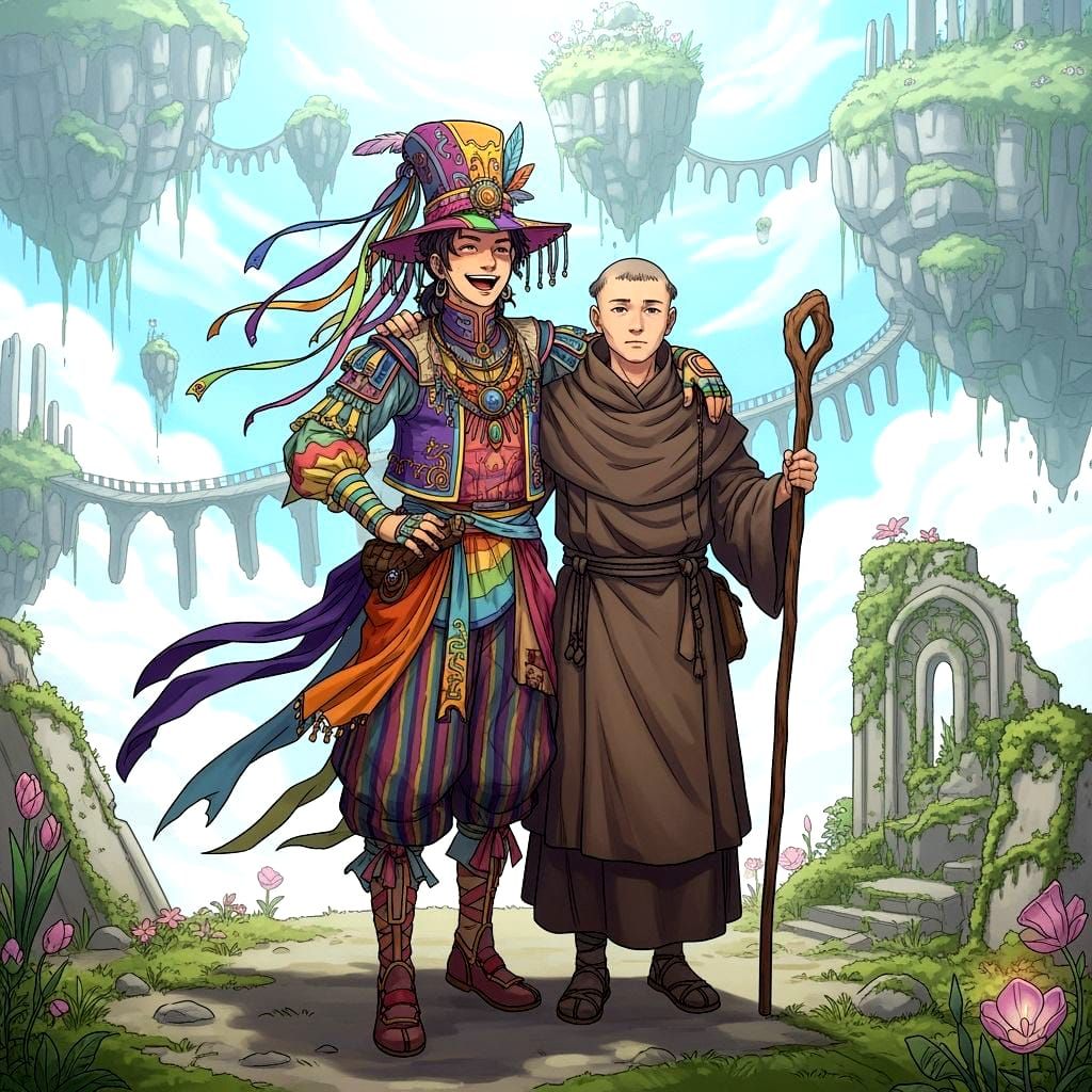 Reveler and Monk Friends in Whimsical DnD Style