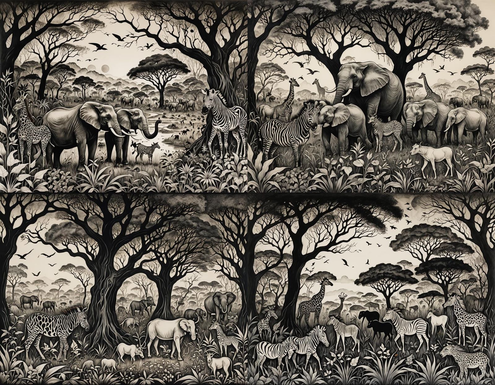 Surreal African Safari Wonderland Ink Drawing