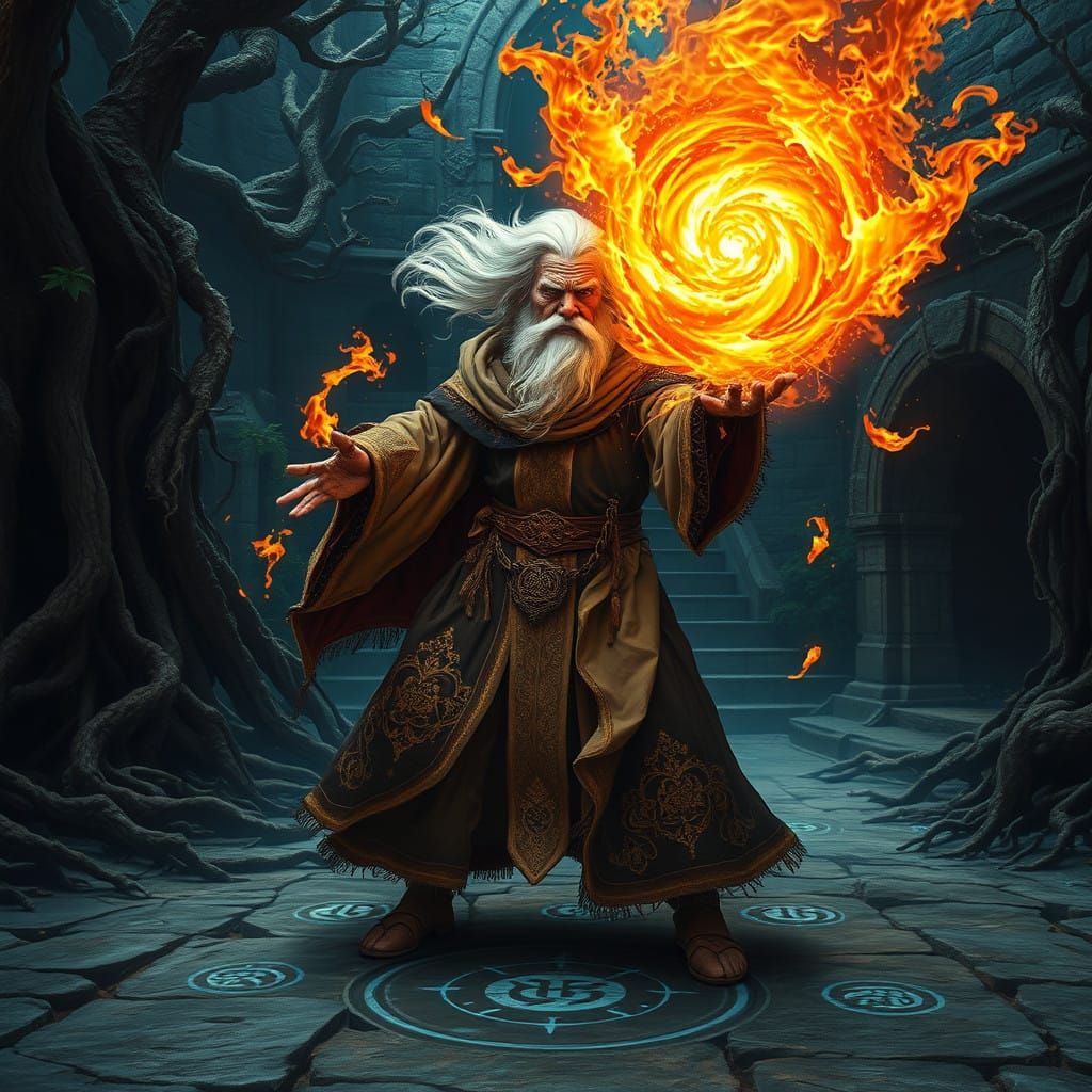 Mystic Mage Unleashes Blazing Fireball Amidst Ancient Ruins