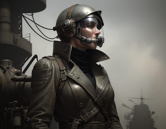 Futuristic Female Soldier in Dieselpunk Zeppelin Scene