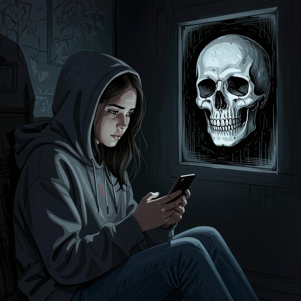 Teen Girl's Phone Reflects a Skull in Eerie Lighting