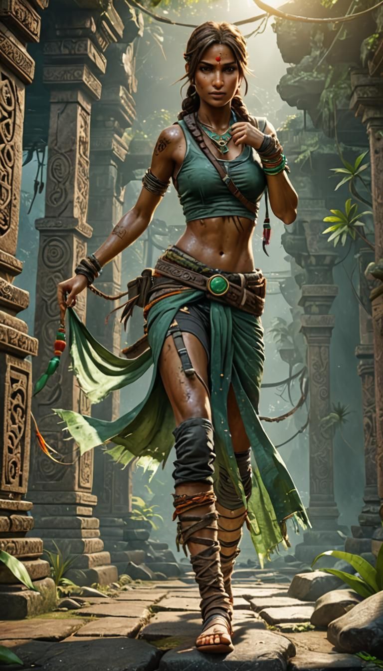 Stylized Indian Tomb Raider in Detailed Matte Painting
