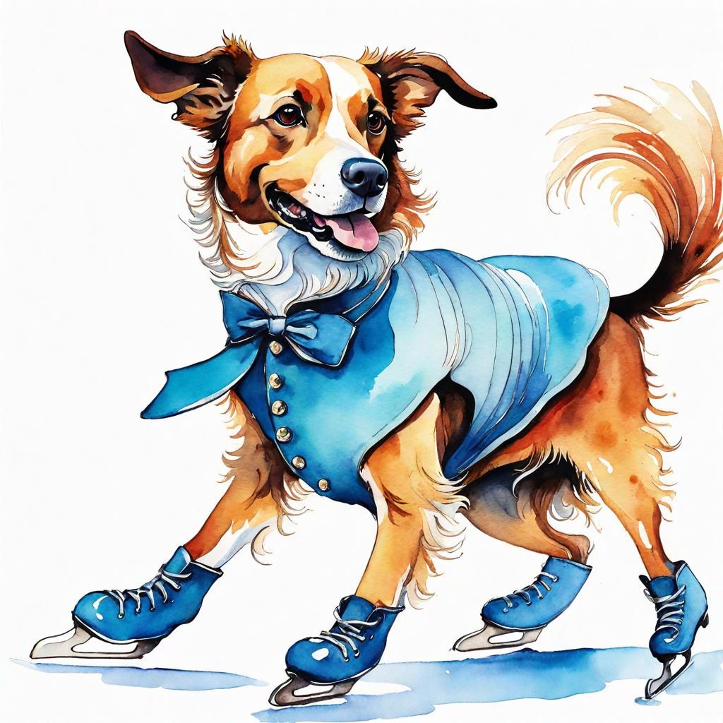 Dog Ice Skater in Storybook Watercolor Style