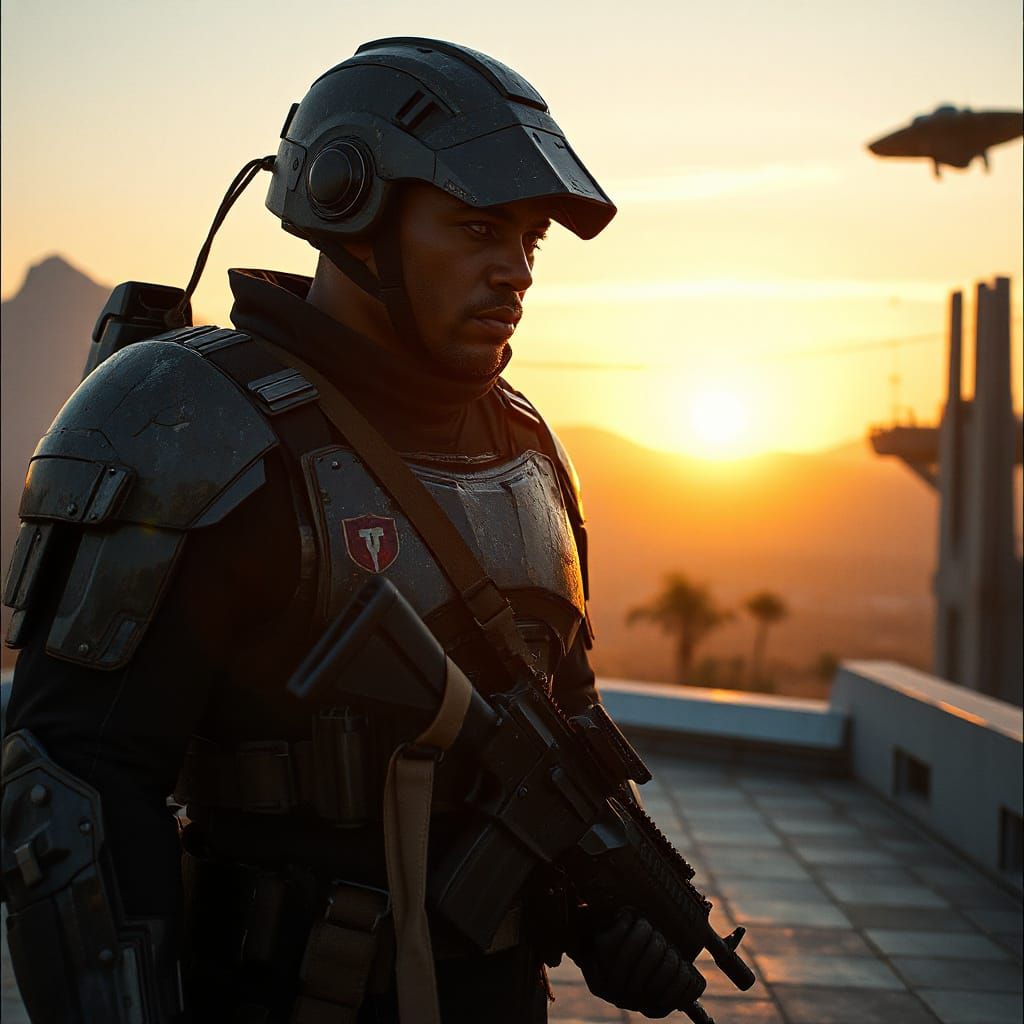 Futuristic Soldier on Rooftop at Sunset in Sci-Fi Realism St...