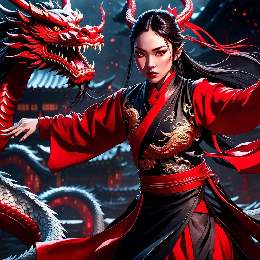 Luminous Asian Demon Girl with Dragon, Digital Painting