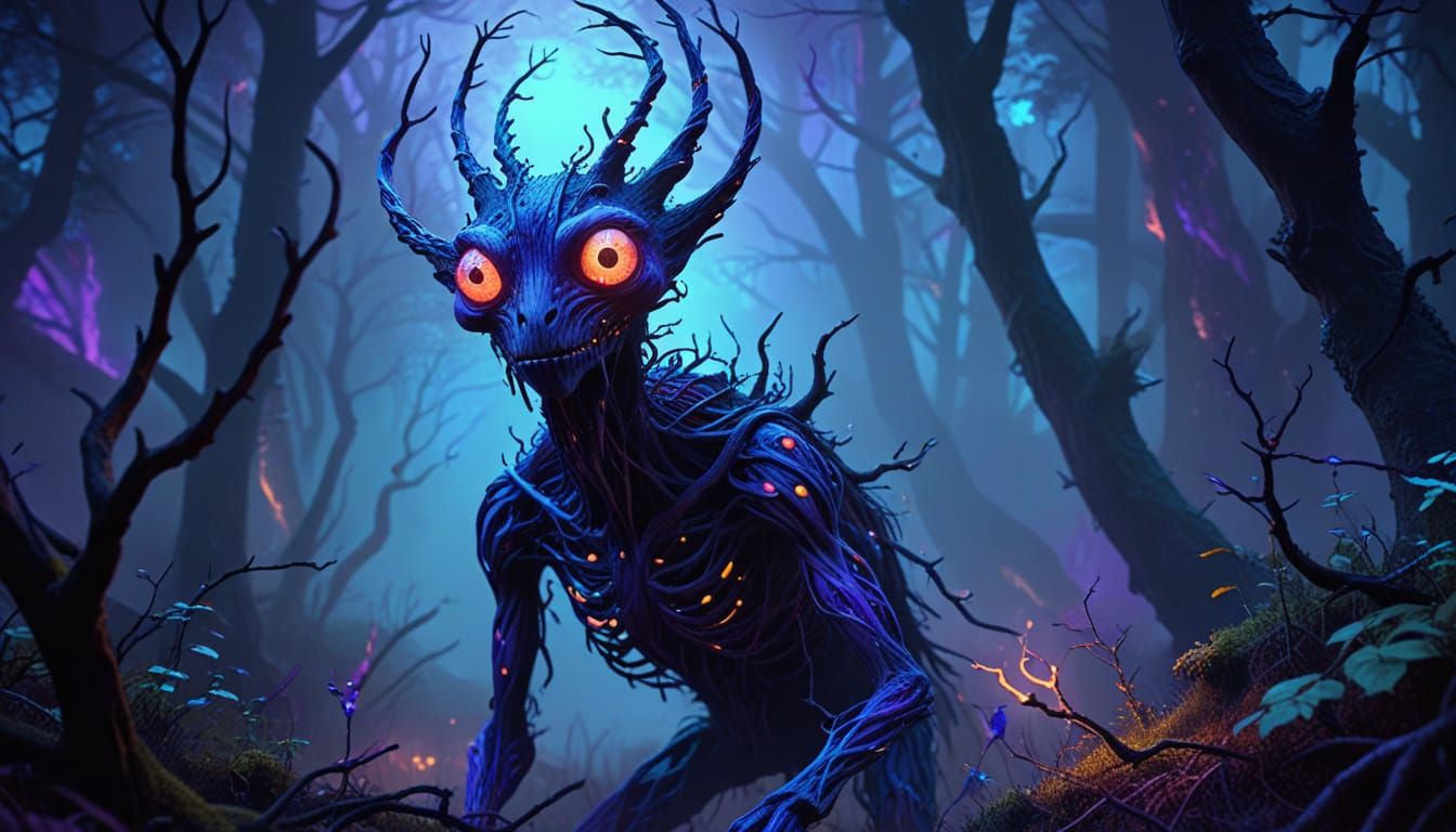 Surreal Creature in Dark Forest: Oil Painting