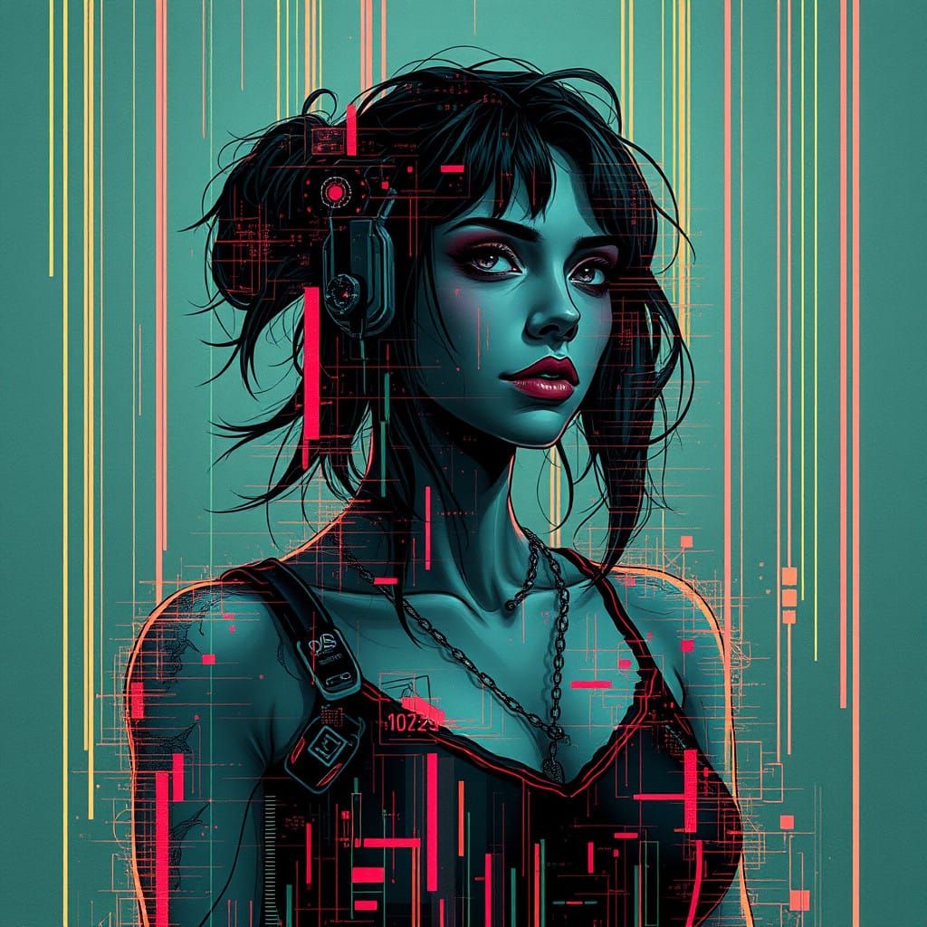Futuristic Woman in Distressed Digital Aesthetic
