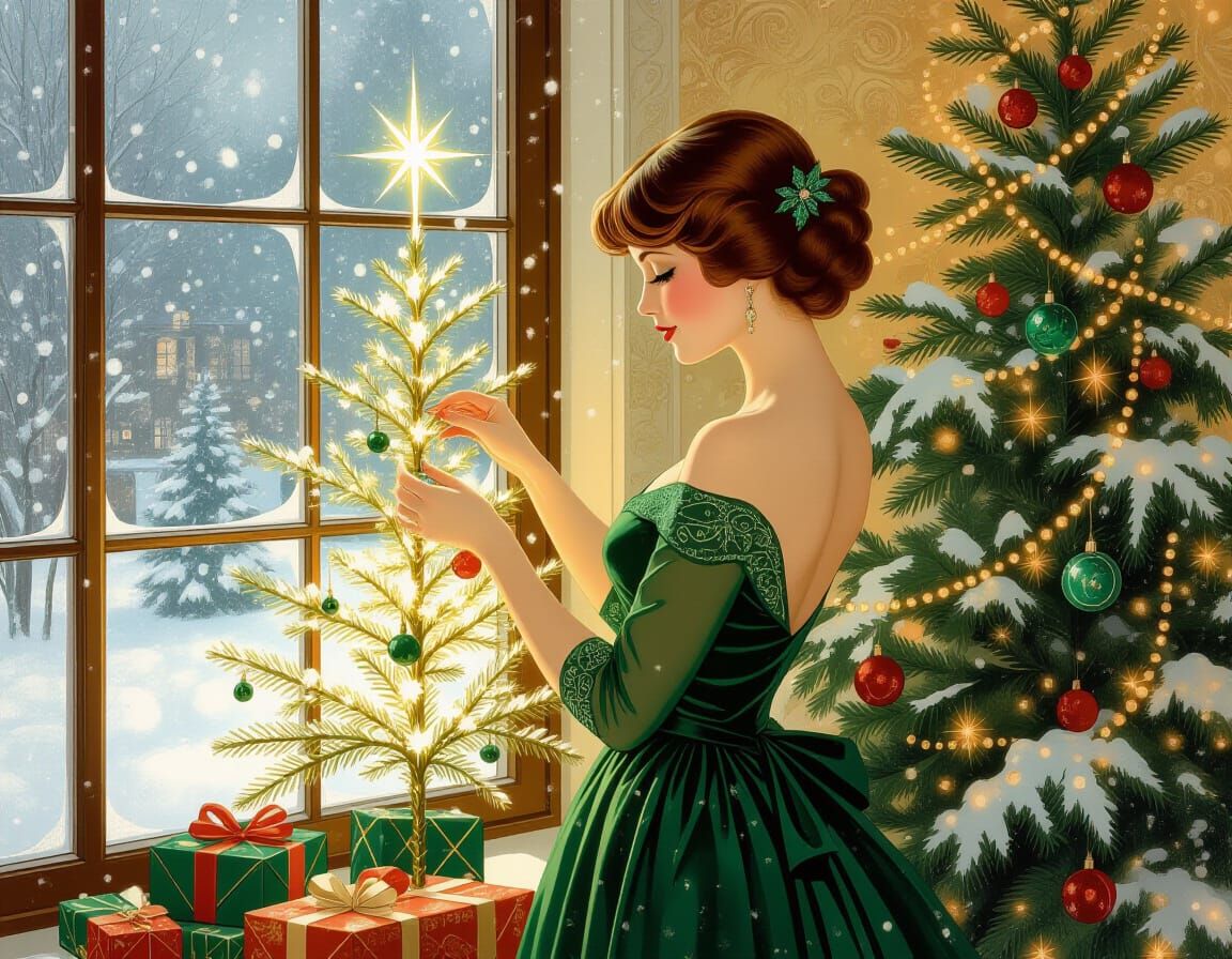 Ethereal Woman Decorates Christmas Tree in Abstract Style