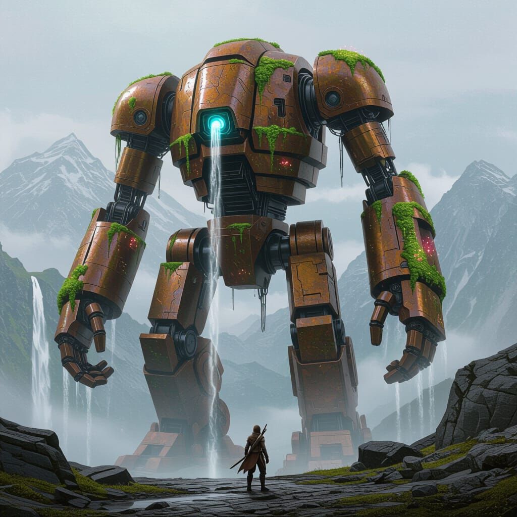 Ancient Mech Overgrown with Nature on Mountain Peak