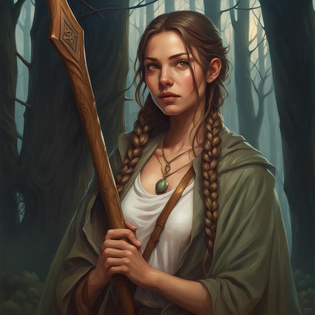 Woman with Rune Staff in Forest, Digital Art