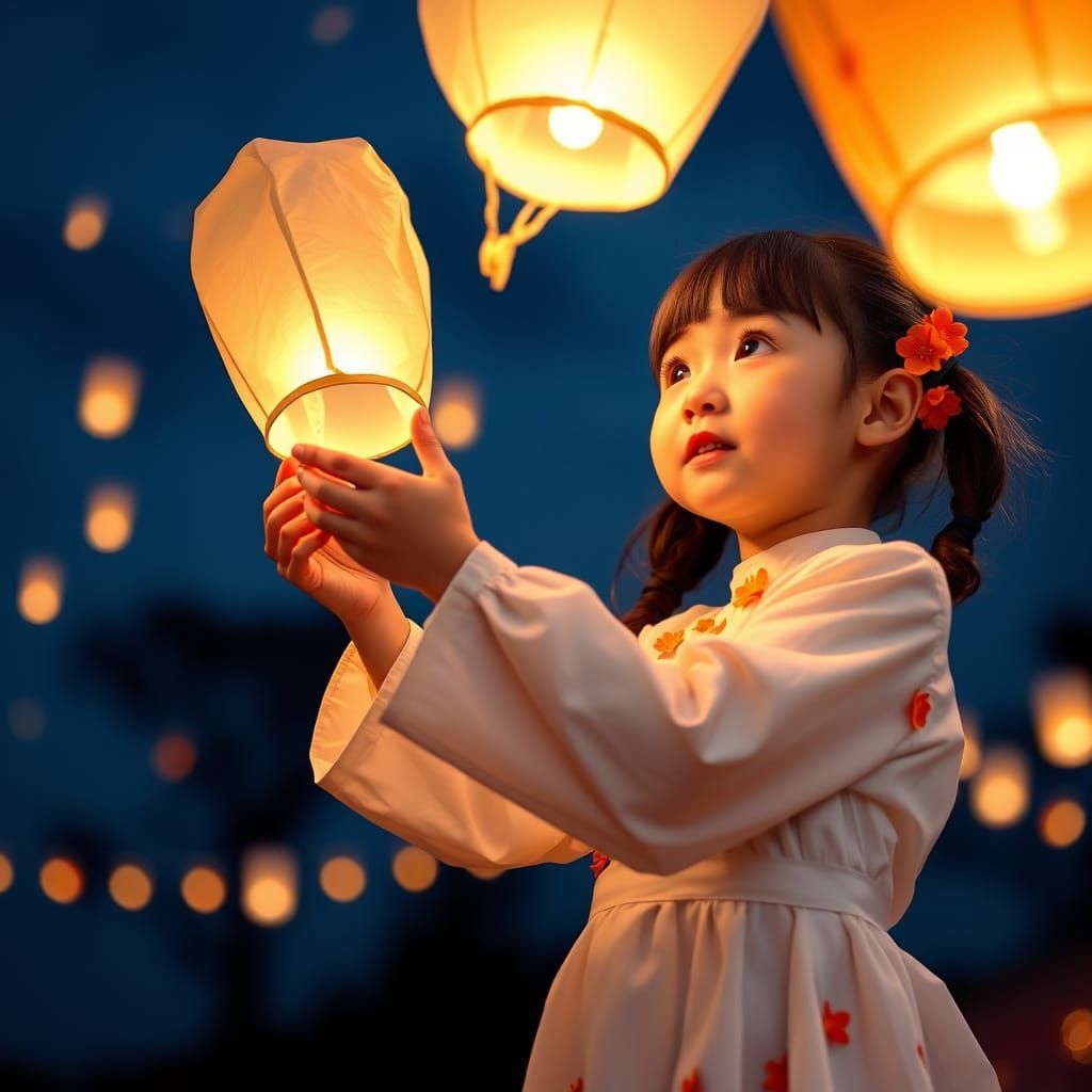 Young Girl's Lantern Release into Night Sky
