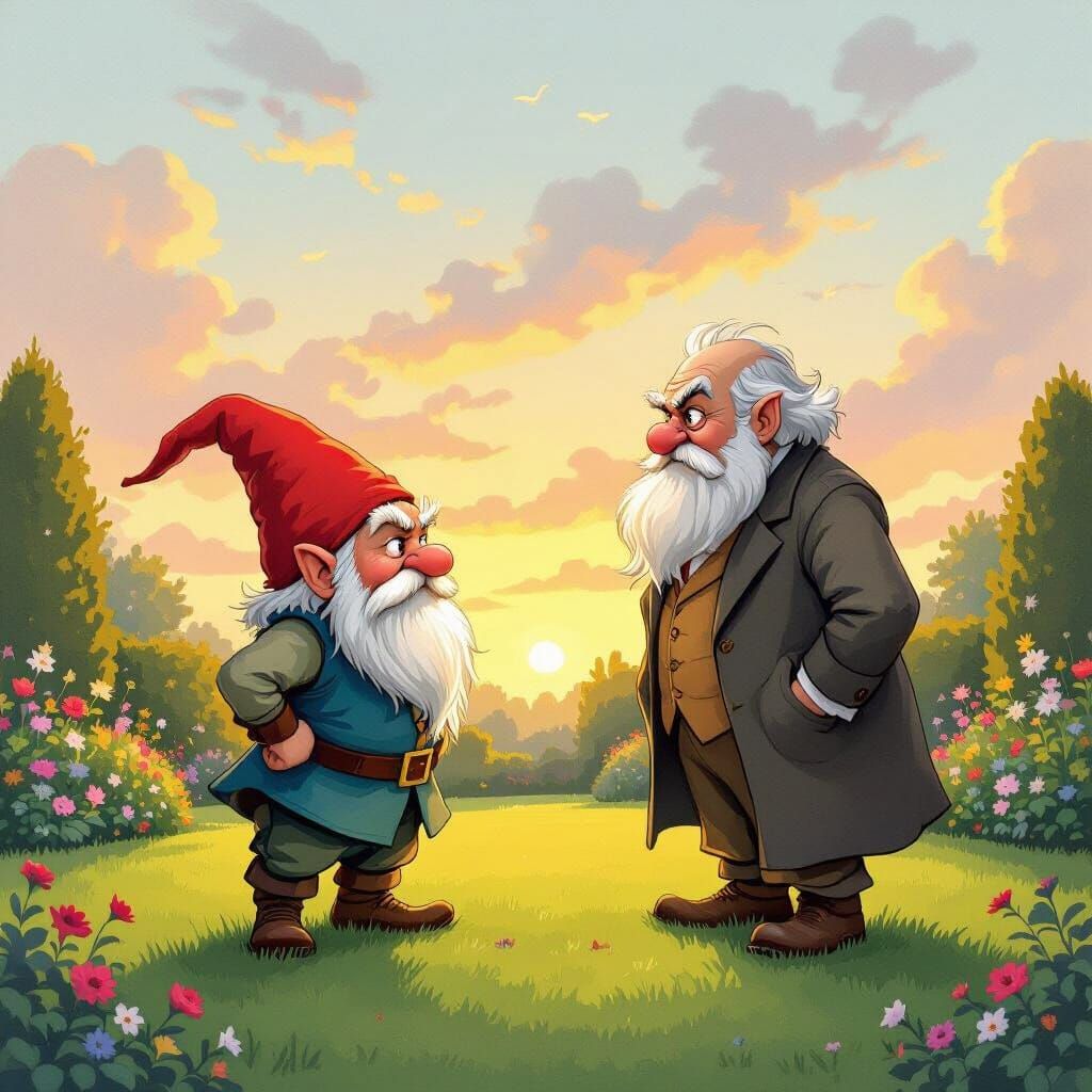 Irate Gnome Confronts Grumpy Old Man on Lawn
