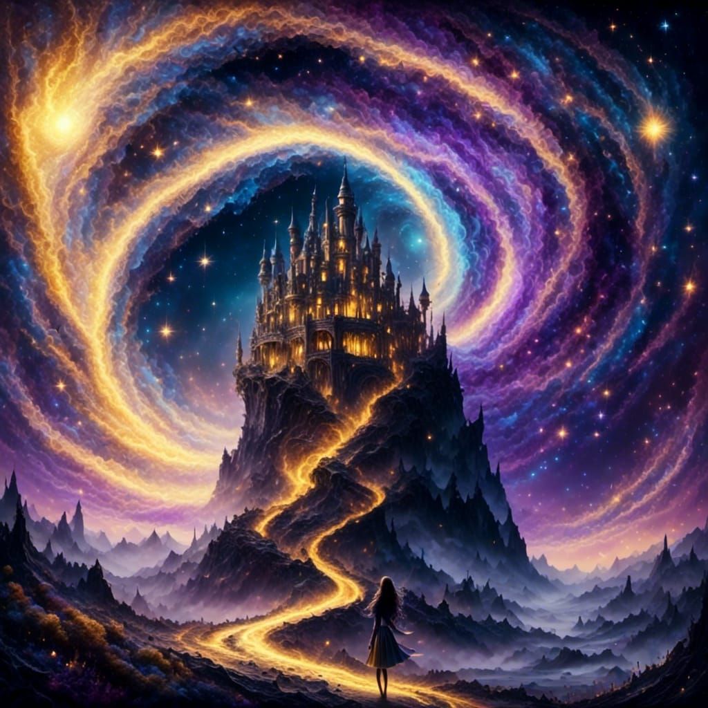 Fantasy Moonscape with Castle and Falling Stars