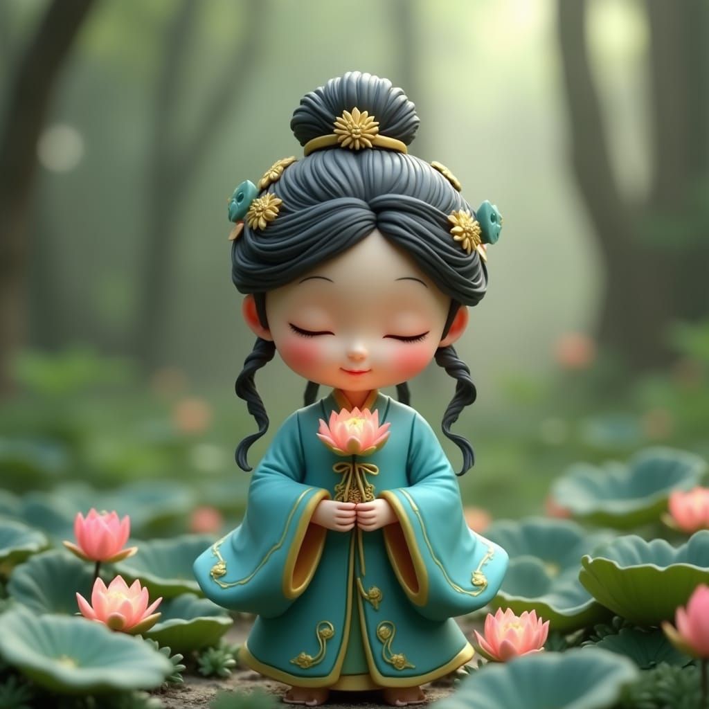 Cute Chinese Doll Radiates Serenity in the Forest