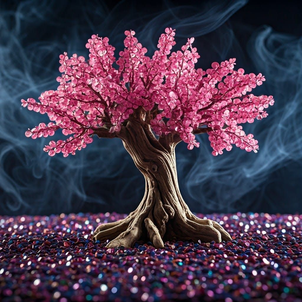 Ornate Bonsai Tree in Vibrant Sequins