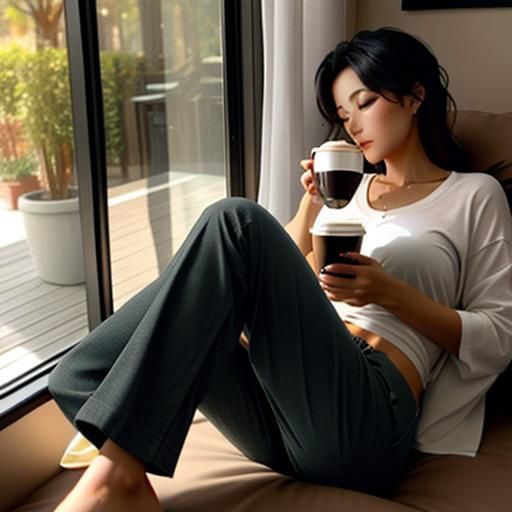 Woman Relaxing with Coffee on Sunday Morning